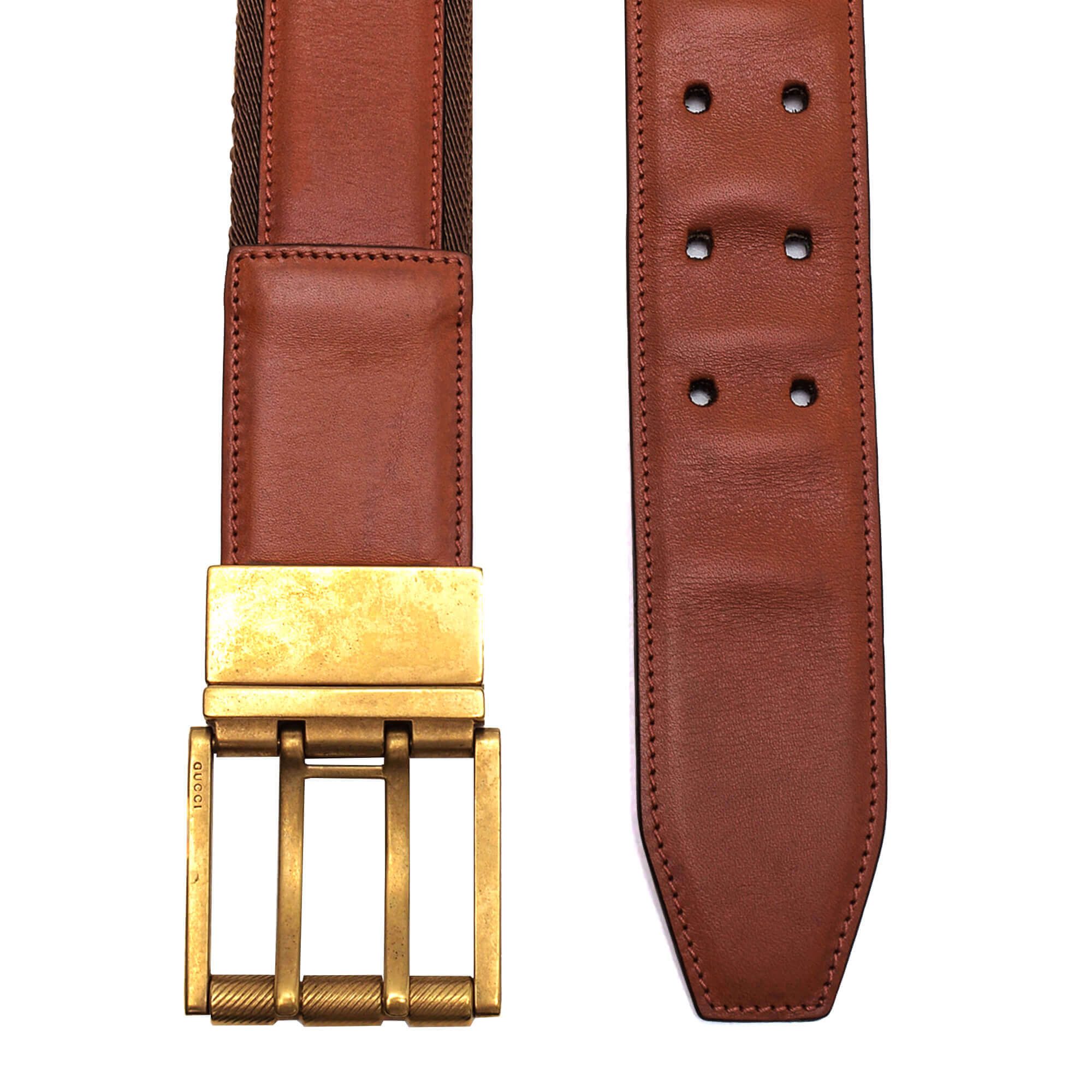 Gucci - Brown Leather & Web Stripe Canvas Reversible Belt